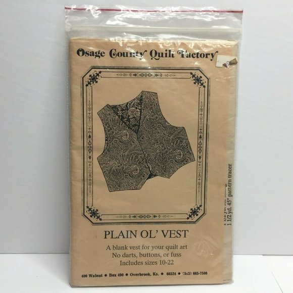 Osage County Quilt Factory Plain Ol Vest Sewing Pattern Craft Sizes 10-22 - Picture 2 of 6